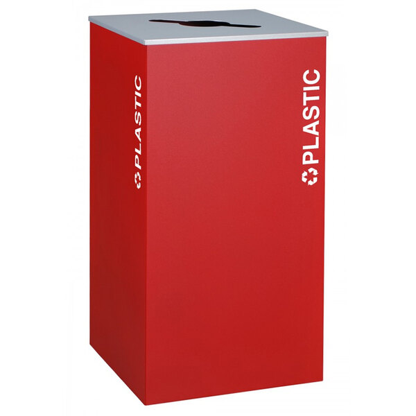 A red rectangular plastic receptacle with white text reading "plastic" on it.