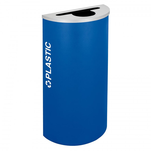 A blue half-round Ex-Cell Kaiser recycling bin with white text reading "Plastic" on it.