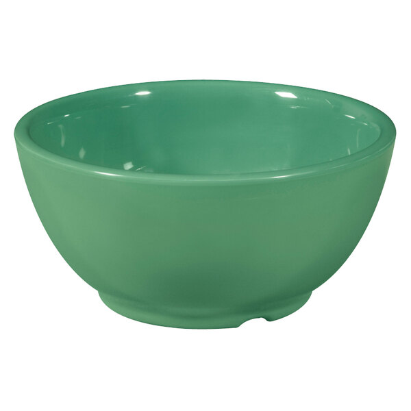 A rainforest green melamine bowl with a diamond pattern.