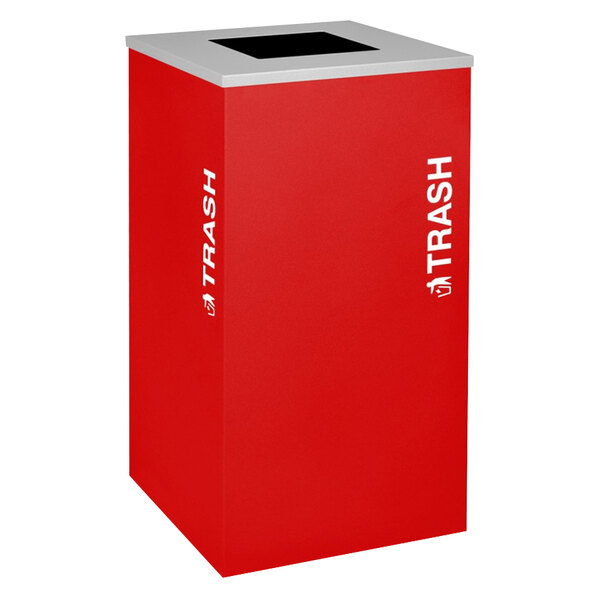 A red square Ex-Cell Kaiser trash receptacle with a black top and white text reading "Trash"