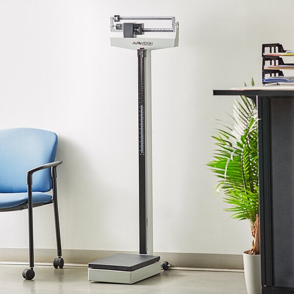 An AvaWeigh eye-level mechanical beam physicians scale with a height rod.