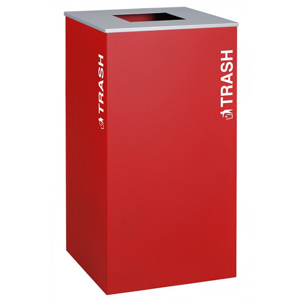 A red rectangular Ex-Cell Kaiser trash receptacle with white text reading "trash" on the front.