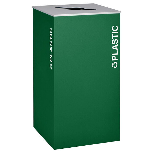 A green rectangular plastic receptacle with white text reading "Plastic" on the side.