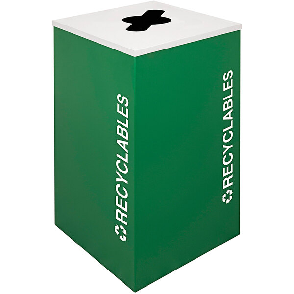 A green square recycling bin with white text that says "Recyclables" on it.
