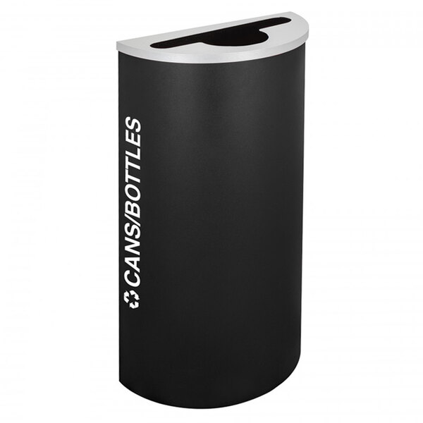 A black half-round receptacle with white text that says "Cans/Bottles" on it.