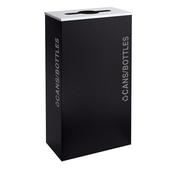 A black rectangular recycling receptacle with silver text reading "Black Tie Kaleidoscope" on the front.