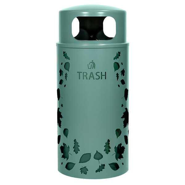 A green Ex-Cell Kaiser 33 gallon round trash receptacle with leaves cut out.