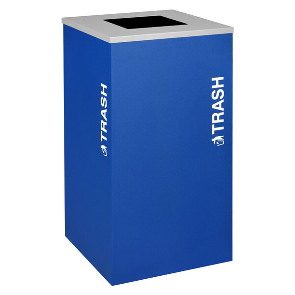 A blue square trash receptacle with white text reading "Trash" on it.