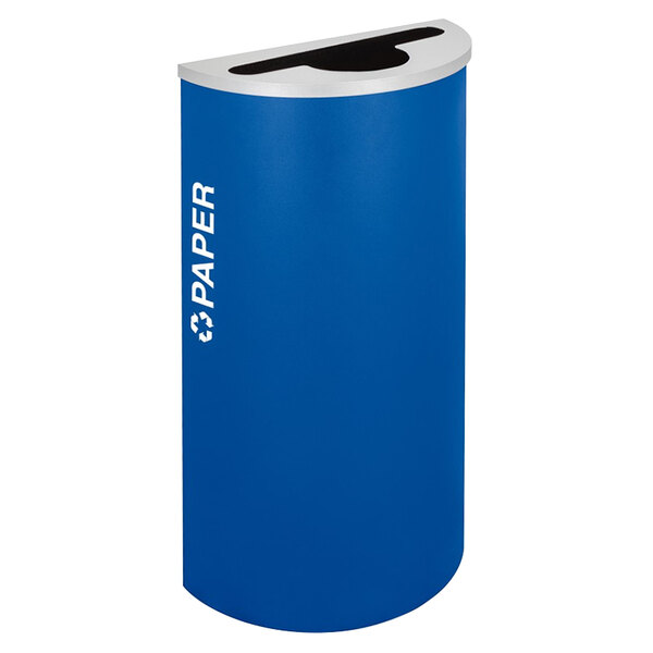 A blue recycling bin with white text that says "Paper" and "Kaleidoscope" on it.