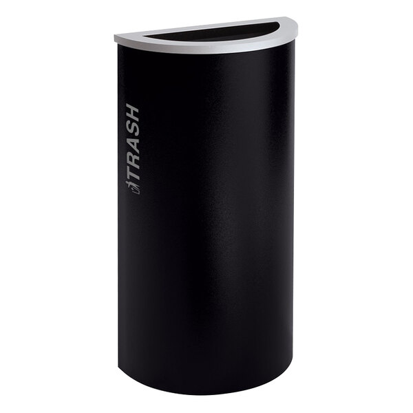 A black Ex-Cell Kaiser half round trash can with a silver lid.