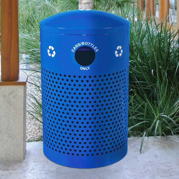 A blue Ex-Cell Kaiser recycle bin with a round dome top.