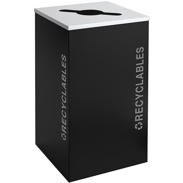 A black square recycling bin with white text reading "Recyclables" on the front.