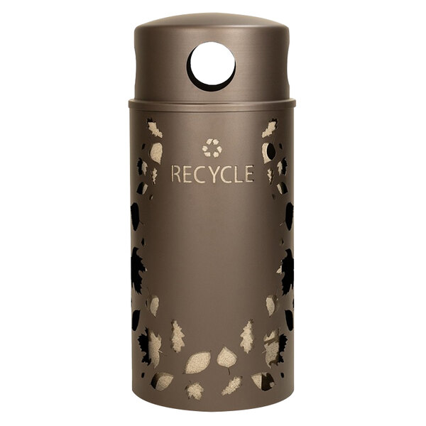 A brown Nature Series round recycle bin with leaf pattern and recycle logo.