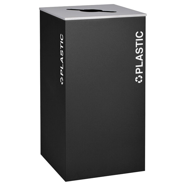 A black rectangular plastic receptacle with white text reading "Plastic" on it.