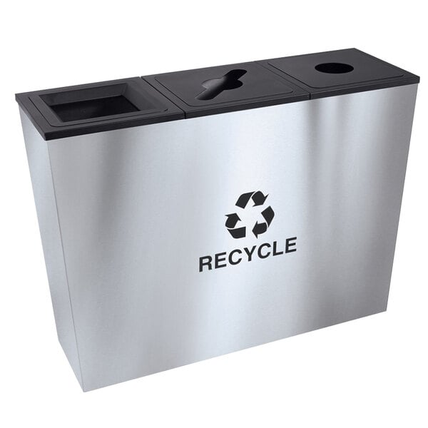 A silver stainless steel Ex-Cell Kaiser Metro recycling bin with three black recycle lids.