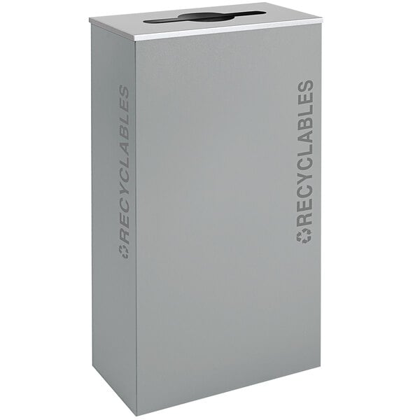A rectangular gray Ex-Cell Kaiser recycling receptacle with a black lid and the word "Recyclables" on it.
