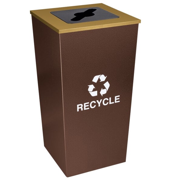 An Ex-Cell Kaiser hammered copper square recycling bin with a white recycle symbol.