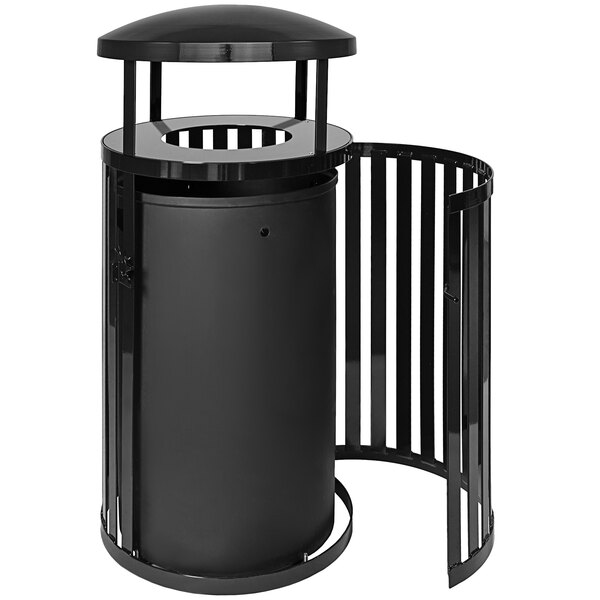 A black Ex-Cell Kaiser Streetscape outdoor trash can with a black lid and canopy.