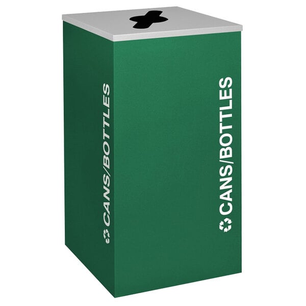 A green square recycling bin with white text that says "Cans Bottles" and a white design.