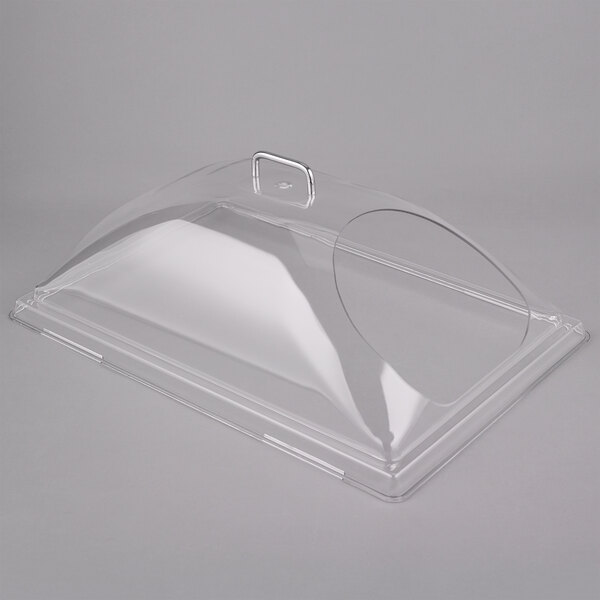 A Cambro clear plastic dome display cover with 1 end cut and a handle.