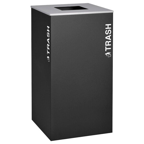 A black rectangular Ex-Cell Kaiser trash receptacle with white text that reads "trash" on it.