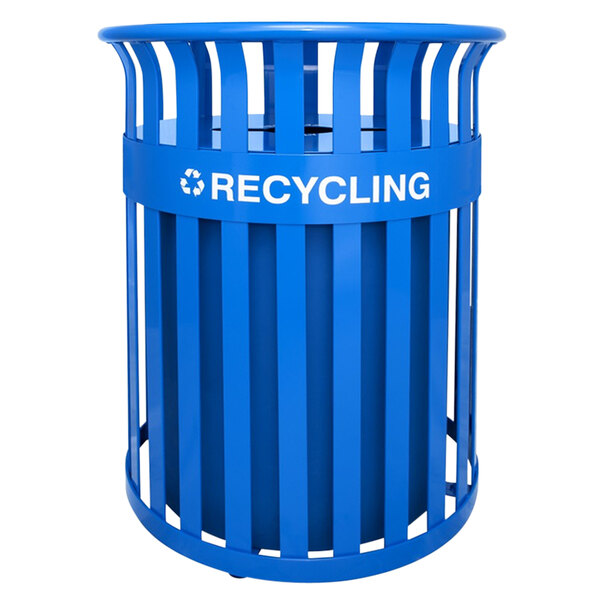 A blue Ex-Cell Kaiser round recycling receptacle with white text.