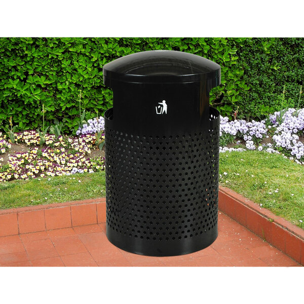 An Ex-Cell Kaiser black round trash receptacle with a dome lid