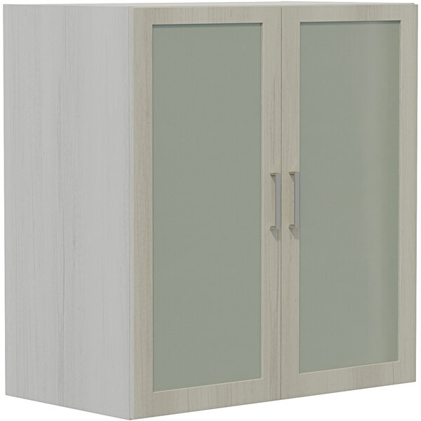 A white Safco Mirella display cabinet with glass doors.