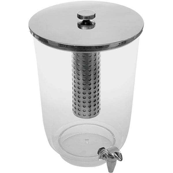 An American Metalcraft clear plastic juice dispenser with a metal lid.