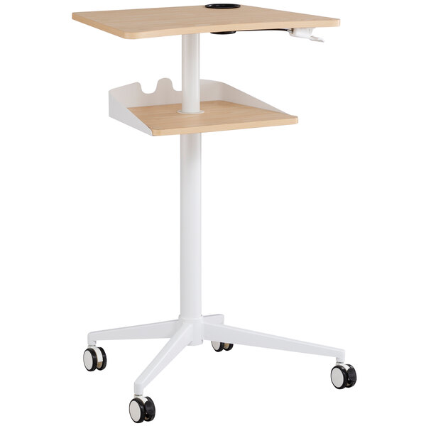A natural wood Safco adjustable height standing laptop cart with wheels.