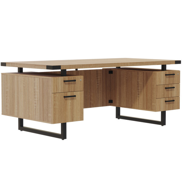 A Safco Mirella free-standing desk in sand dune with 4 storage and 1 file drawer.