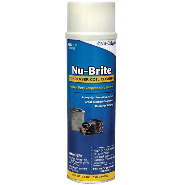 A blue and white can of Nu-Brite condenser coil cleaner.