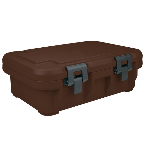 A dark brown plastic top-loading food pan carrier with two handles and two locks.