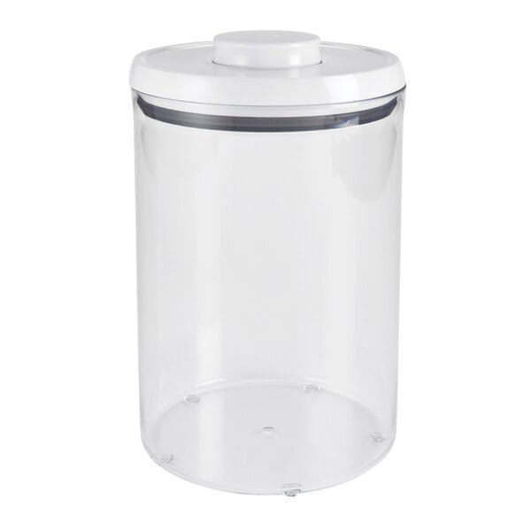 An OXO Good Grips clear plastic container with a white lid.