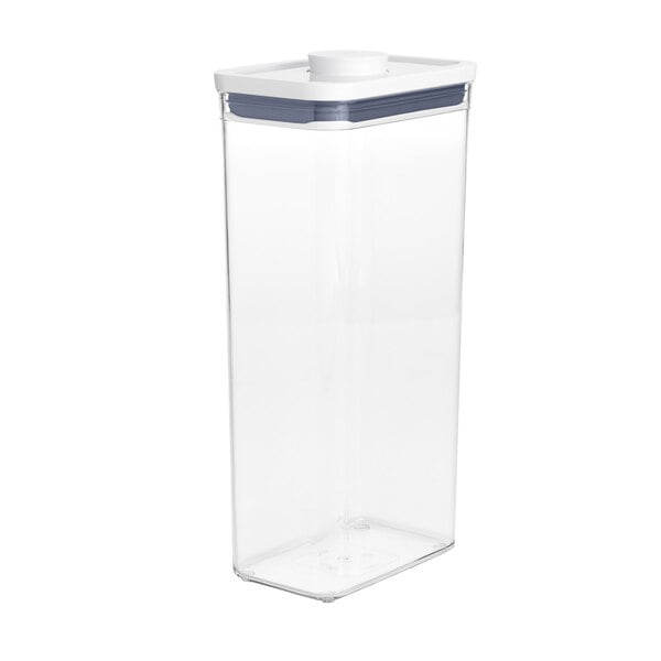 A clear plastic container with a white lid.