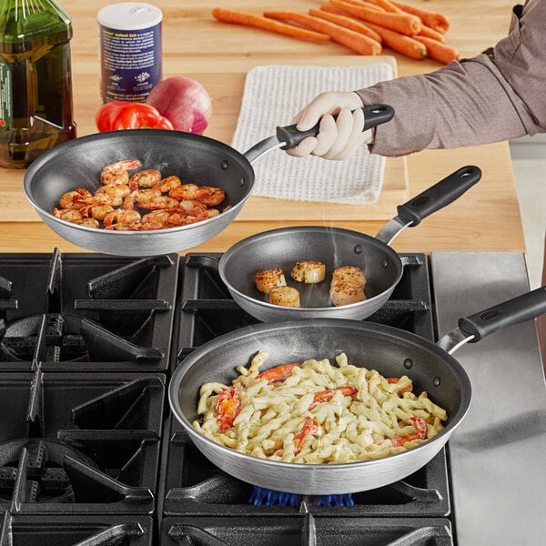 Vollrath Wear-Ever 3-Piece Aluminum Non-Stick Fry Pan Set with CeramiGuard II Coating and Black Silicone Handles - 8", 10", and 12" Frying Pans