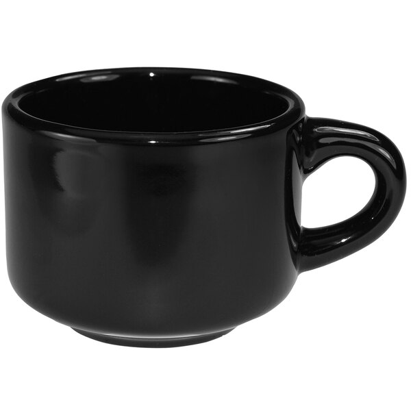 A black International Tableware stoneware coffee cup with a handle.
