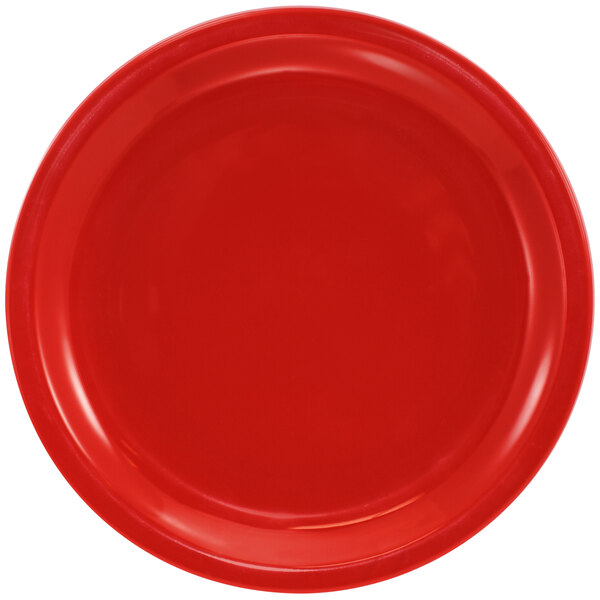 A red plate with a white background.