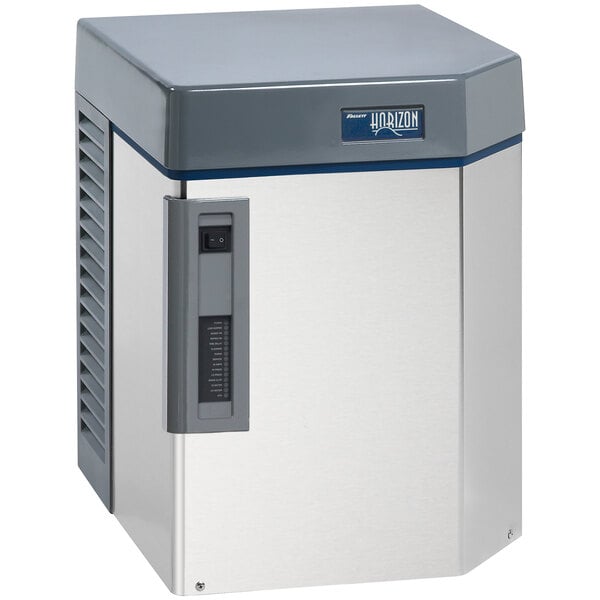 A silver ice machine with blue and silver trim.