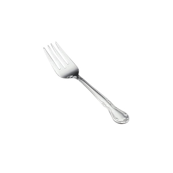 A close-up of a Vollrath Thornhill stainless steel salad fork with a silver handle.