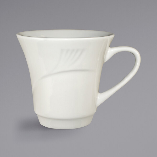 A white stoneware petal cup with a handle.