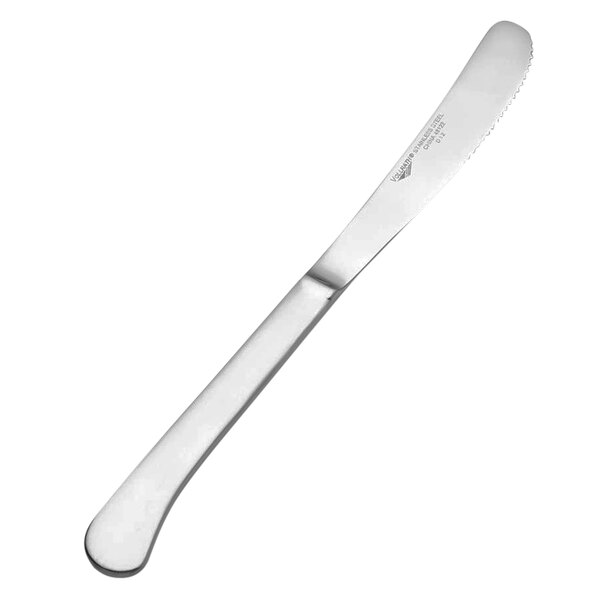 A Vollrath Queen Anne stainless steel dinner knife with a silver handle.