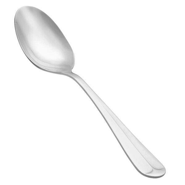 A close-up of a Vollrath Queen Anne stainless steel dessert spoon with a silver handle.