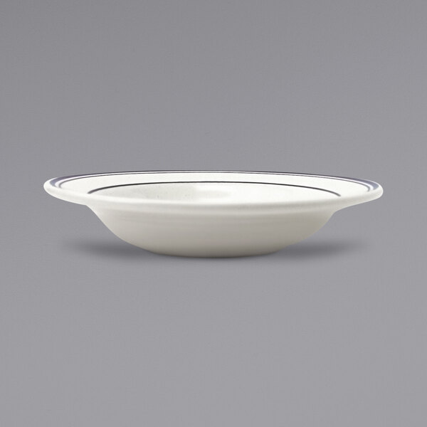 An International Tableware Danube stoneware bowl with blue lines on the rim.