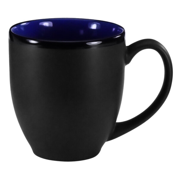 A black stoneware bistro cup with a blue rim.
