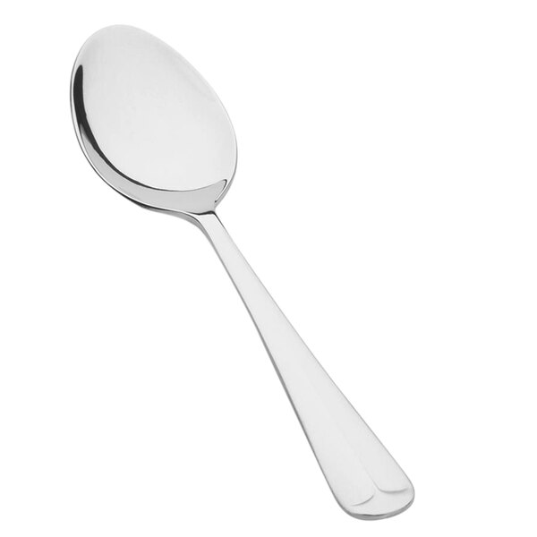 A close-up of a Vollrath stainless steel teaspoon with a silver handle.