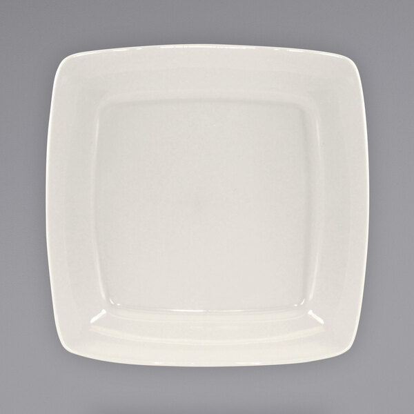 An International Tableware Roma square stoneware plate with a white rim.