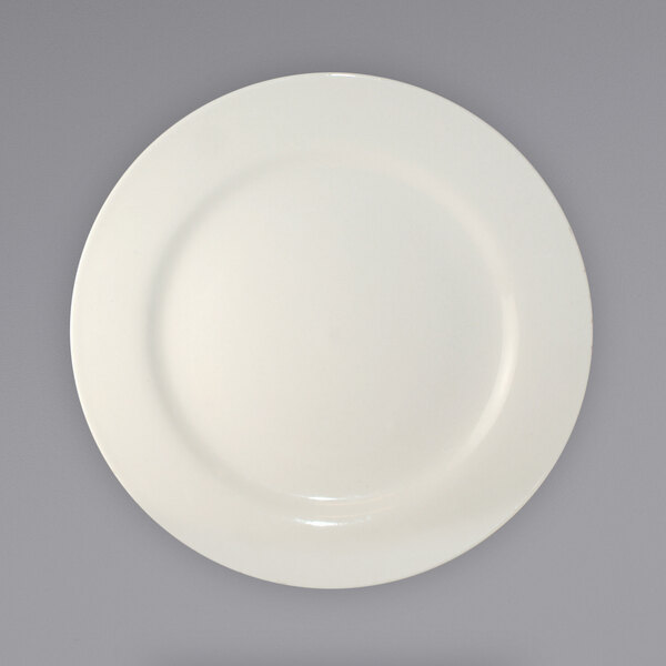 An International Tableware stoneware plate with a white circular edge on a gray background.