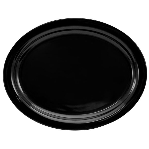 A black International Tableware stoneware platter with a narrow rim.
