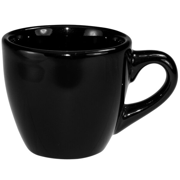 A black International Tableware stoneware espresso cup with a handle.